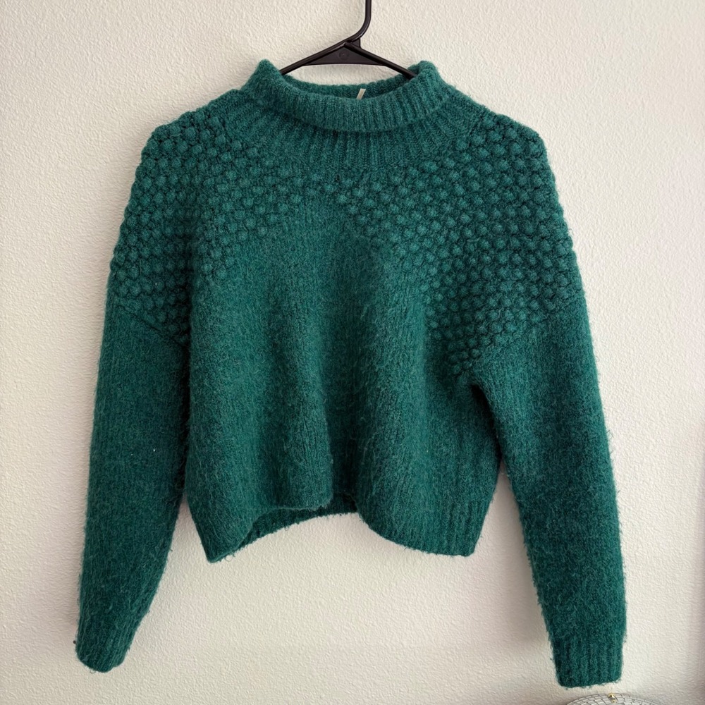Free People Teal Green Bobble Knit‎ Mock Neck Cropped Sweater OB1508649 Small - Picture 3 of 7